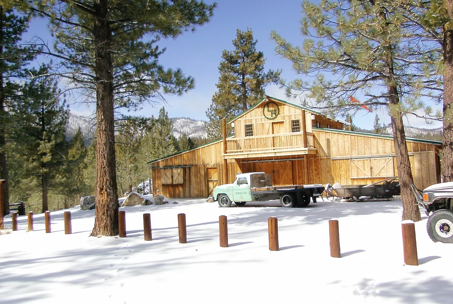 Snowy main cabin full front exterior